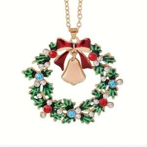 Gold Christmas Bell Wreath Pendant Necklace
